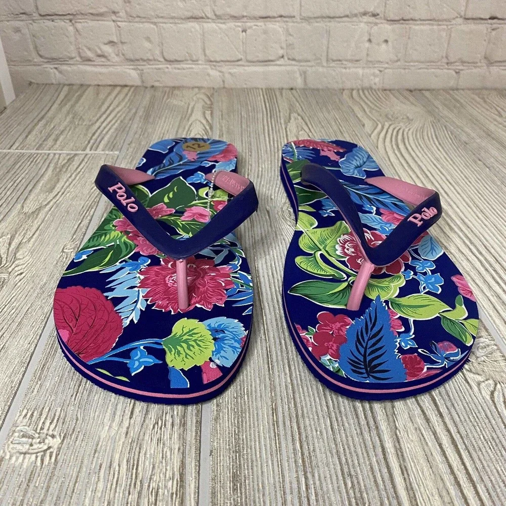 Polo Ralph Lauren Bolt Floral Flip Flip Sandals Men’s 11-12 12D Blue Pink New